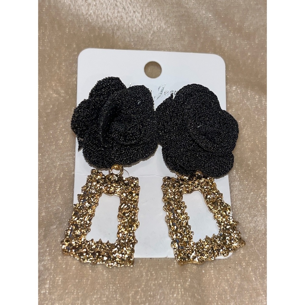 Elegant Black Rose & Gold Hammered Rectangle Dangle Earrings